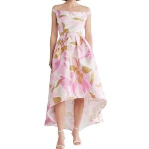 Donna Ricco‎ Floral Off the Shoulder High-Low Gown Dress Pink Size 12 Jacquard